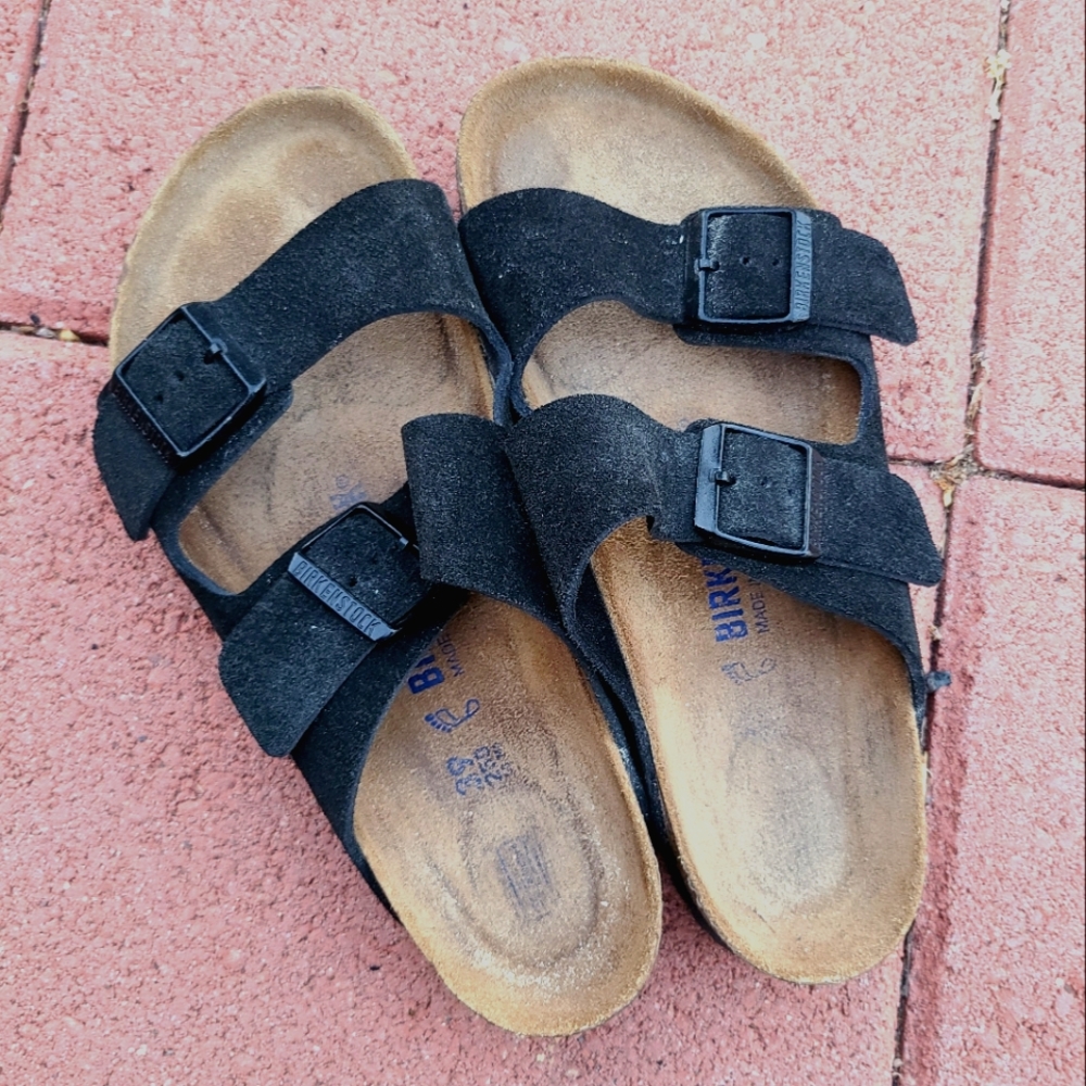 Birkenstock Black suede Arizona two strap cork sandal shoes size 39 Regu…